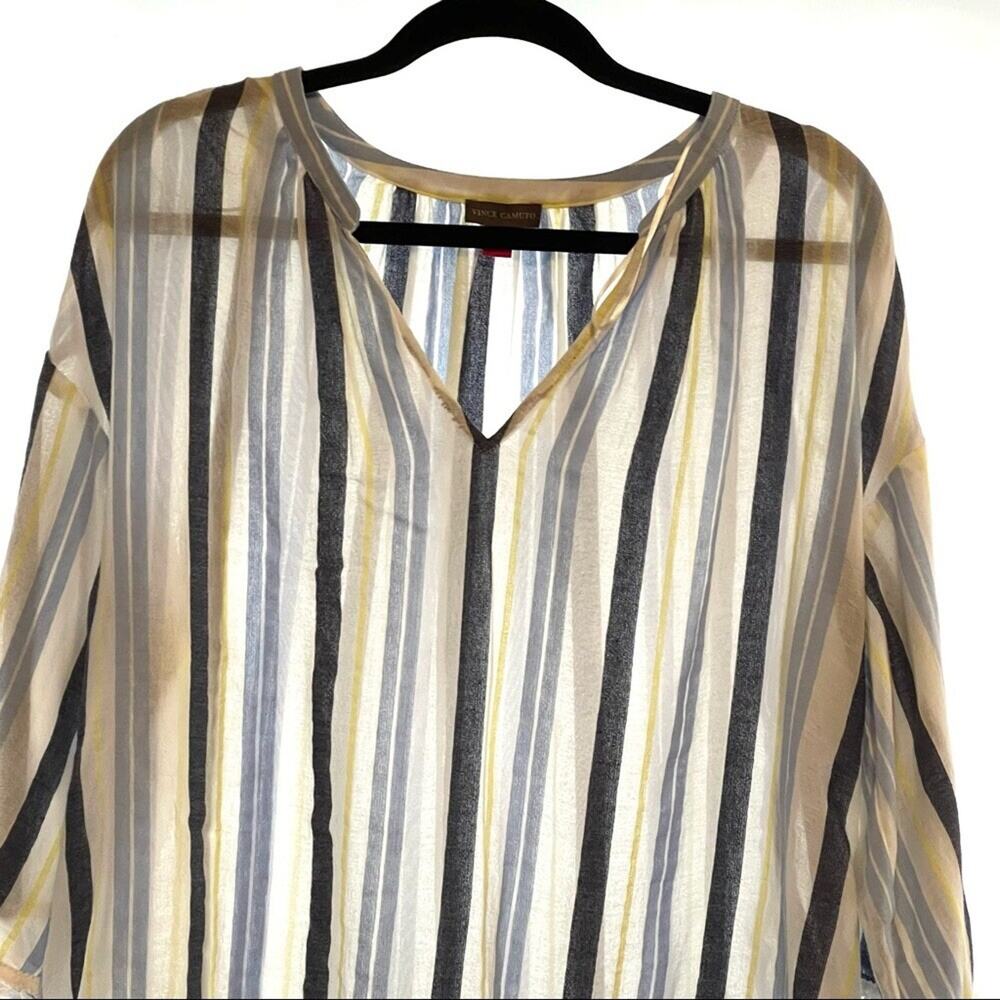 Vince Camuto Striped Tunic Top Sz L White Blue Pom Pom Hem Beach Surfer Coastal - Picture 4 of 11